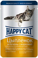 Happy Cat Влажный корм для взрослых кошек кусочки цыплёнка и печени с морковью в желе, 100 гр